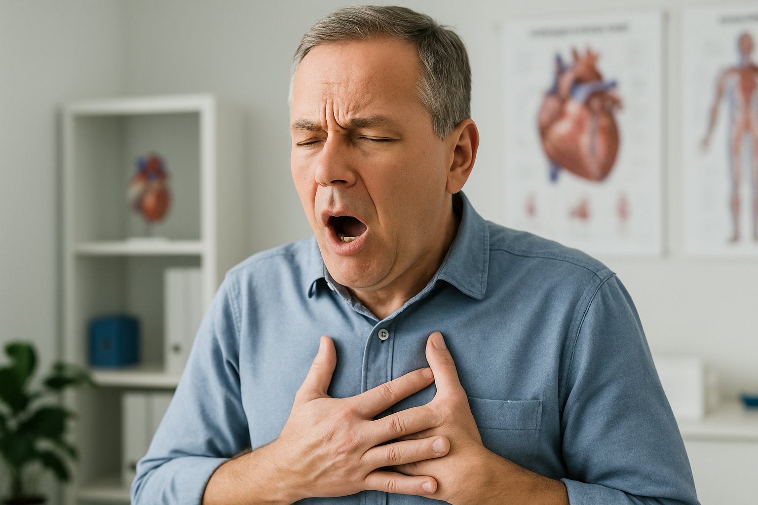 v2-12xexh-9qqrn - Preventive Medicine Daily A person holding their chest and about to sneeze in a medical office with heart-related models in the background.