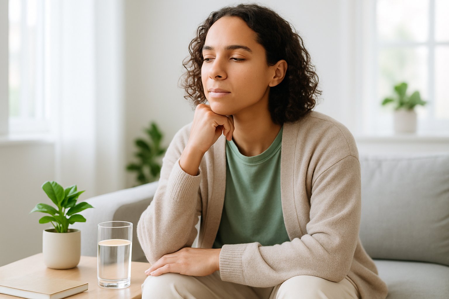 v2-12xfaj-xdjyd - Preventive Medicine Daily A young adult sitting calmly in a bright living room, appearing peaceful and reflective with wellness items nearby.
