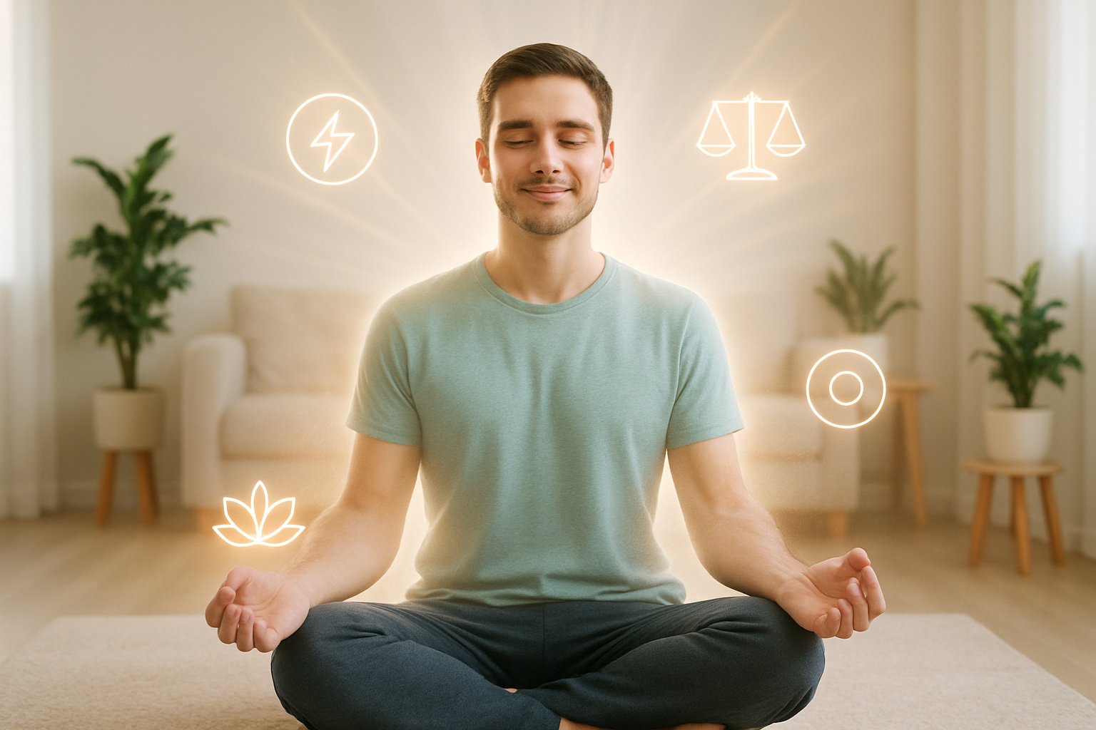 v2-12xfb4-k9sbp - Preventive Medicine Daily A calm young adult sitting cross-legged in a bright living room, surrounded by symbols of energy and balance, looking peaceful and healthy.