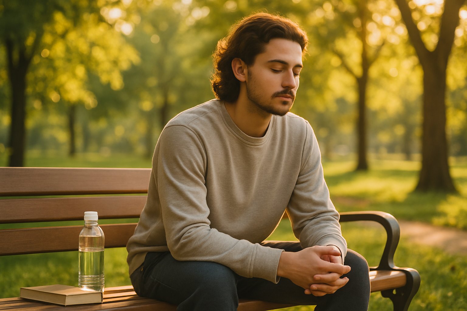 v2-12xfcr-fyl1o - Preventive Medicine Daily A young adult sitting thoughtfully on a park bench surrounded by trees and soft sunlight.