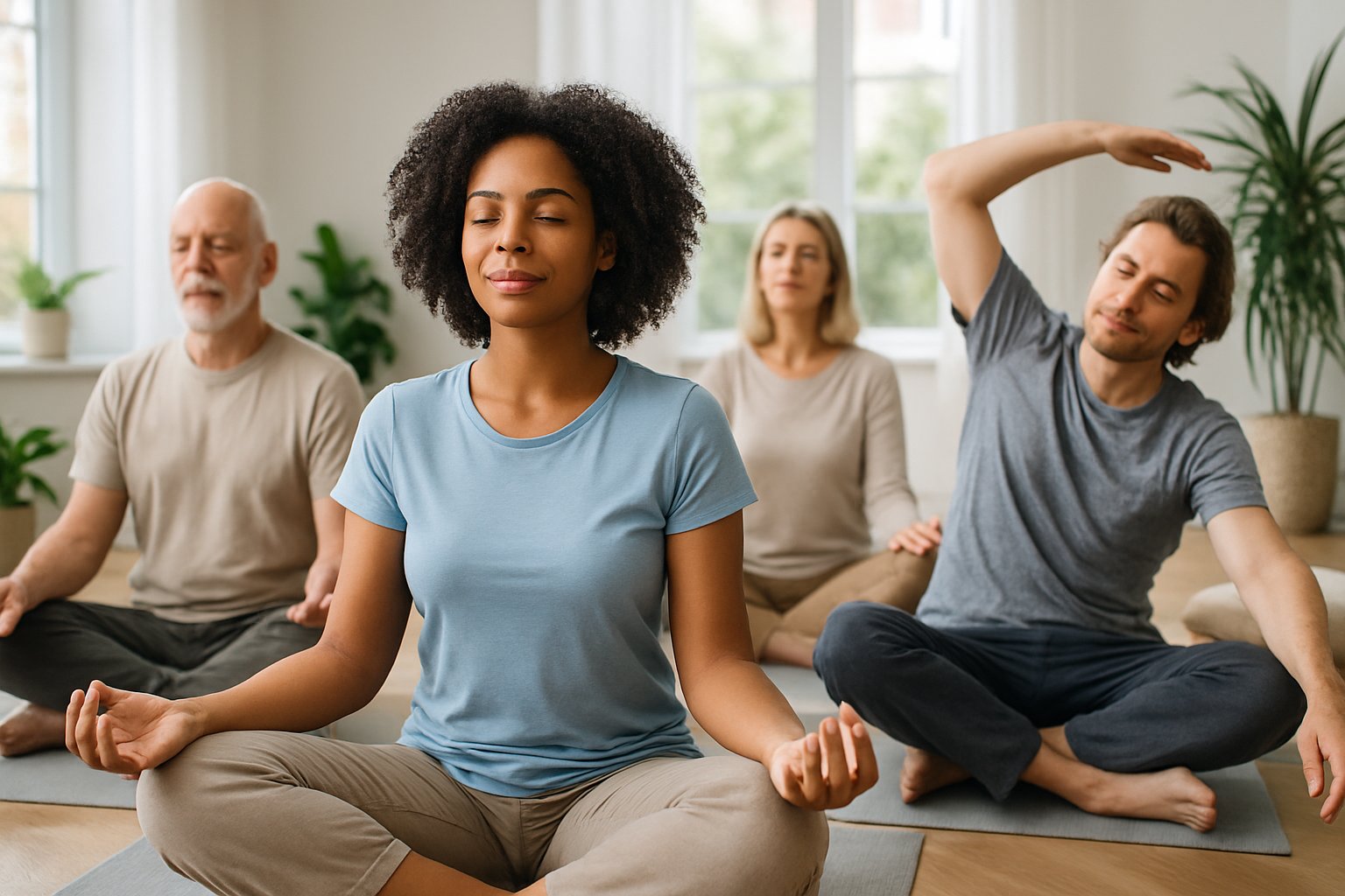 v2-12xfdf-q5n59 - Preventive Medicine Daily A diverse group of adults sitting peacefully in a bright room, practicing meditation and mindfulness activities.