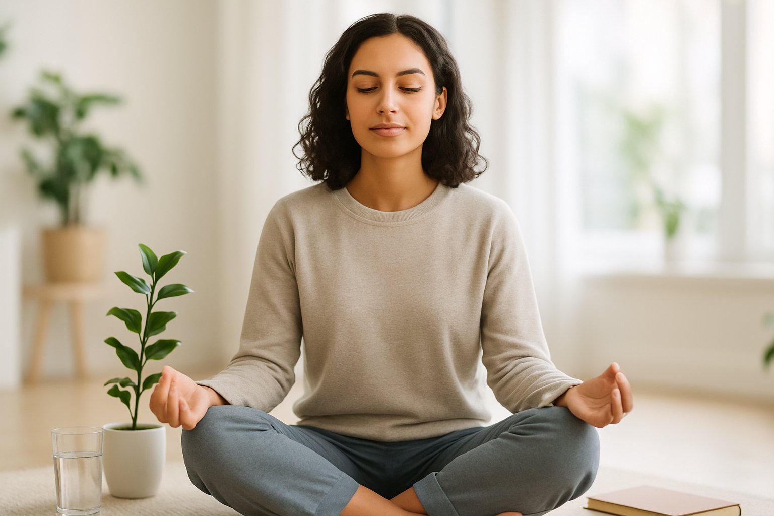 v2-12xffn-1wamv - Preventive Medicine Daily A young adult sitting cross-legged indoors, looking calm and reflective with natural light and wellness items around.