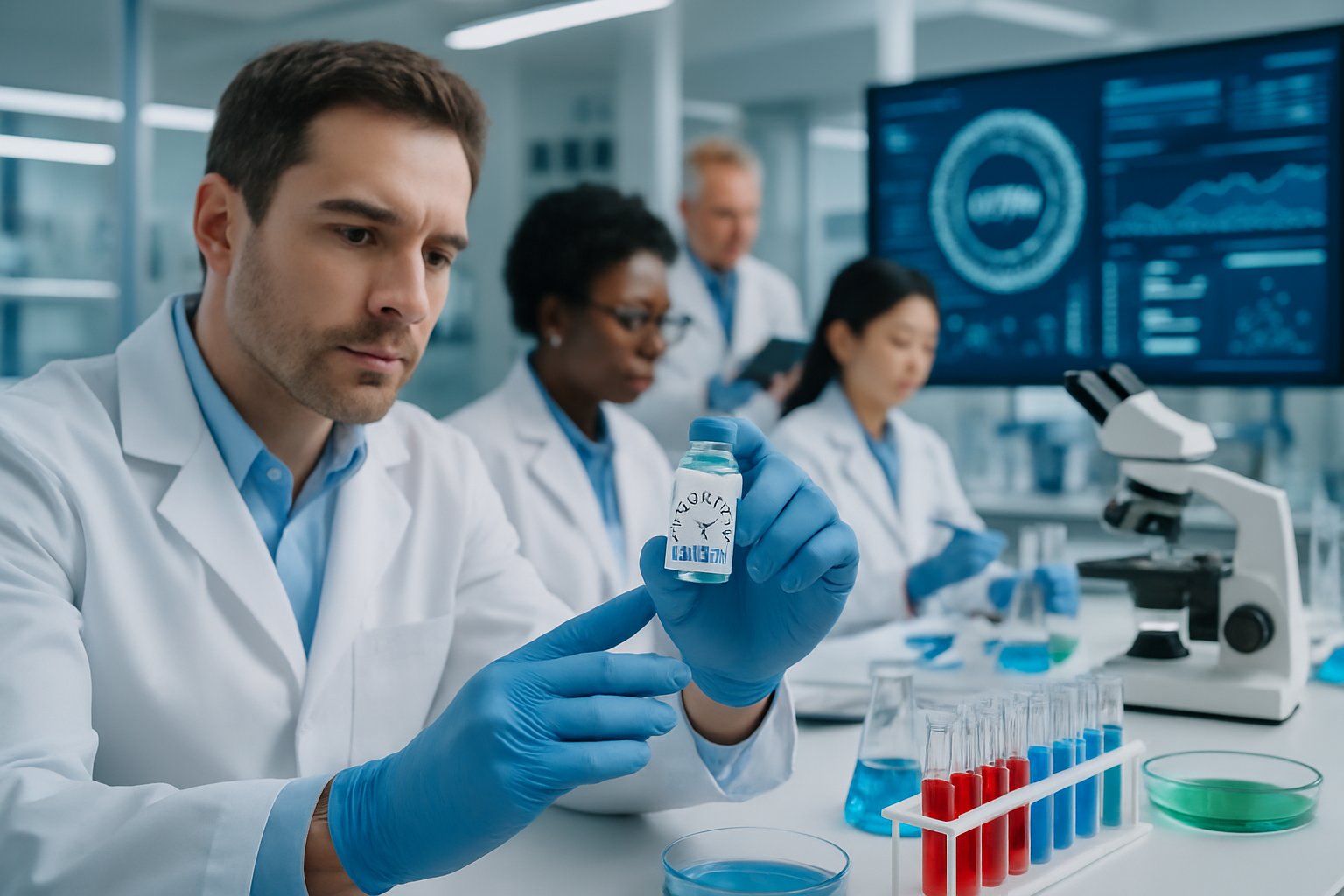 v2-12xq6p-6n1b8 - Preventive Medicine Daily Scientists in a laboratory working with test tubes and digital screens showing molecular models related to drug research.
