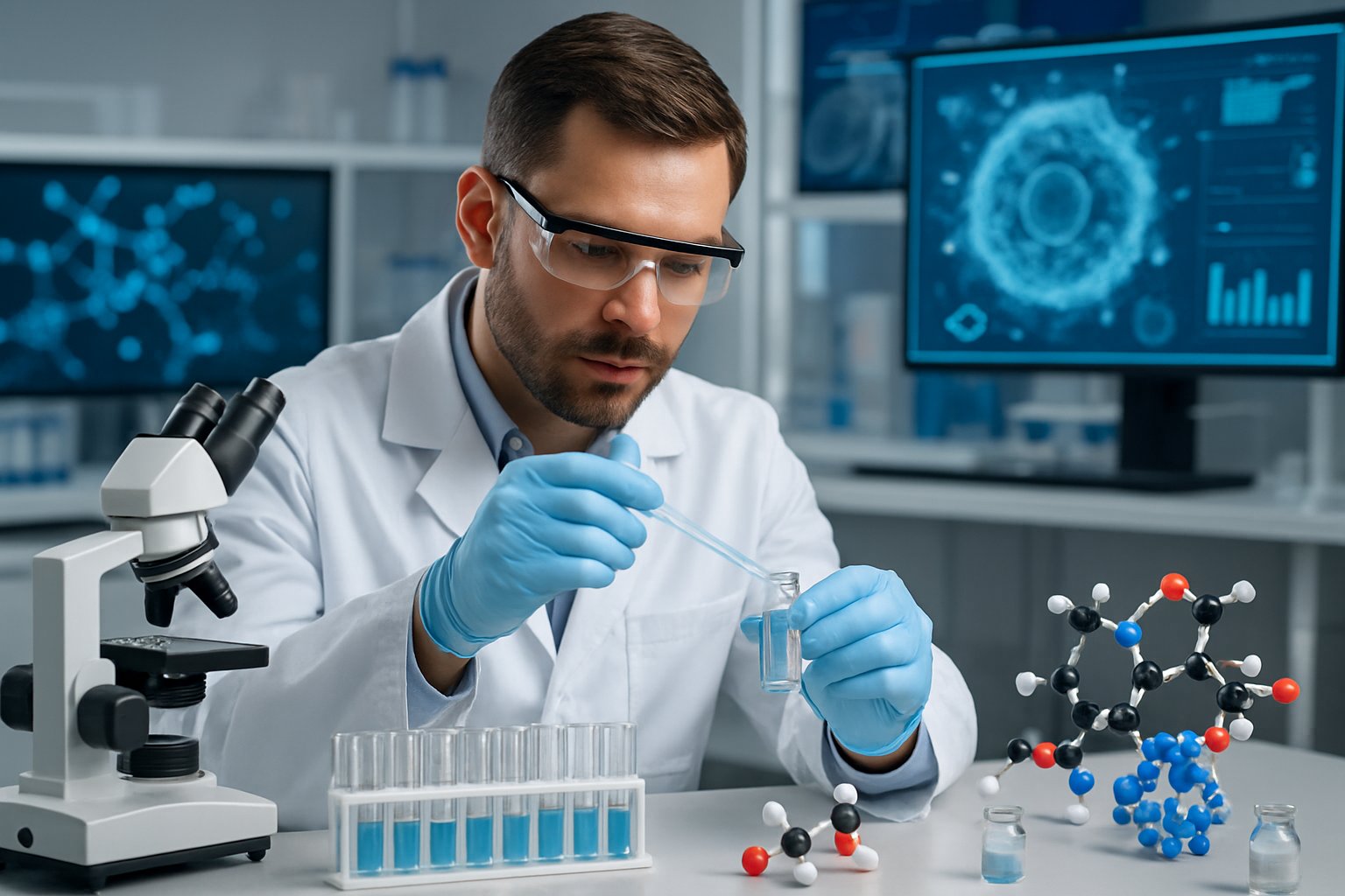 v2-12xq7y-upg5a - Preventive Medicine Daily Scientist in a laboratory examining a vial with scientific equipment and digital molecular diagrams in the background.