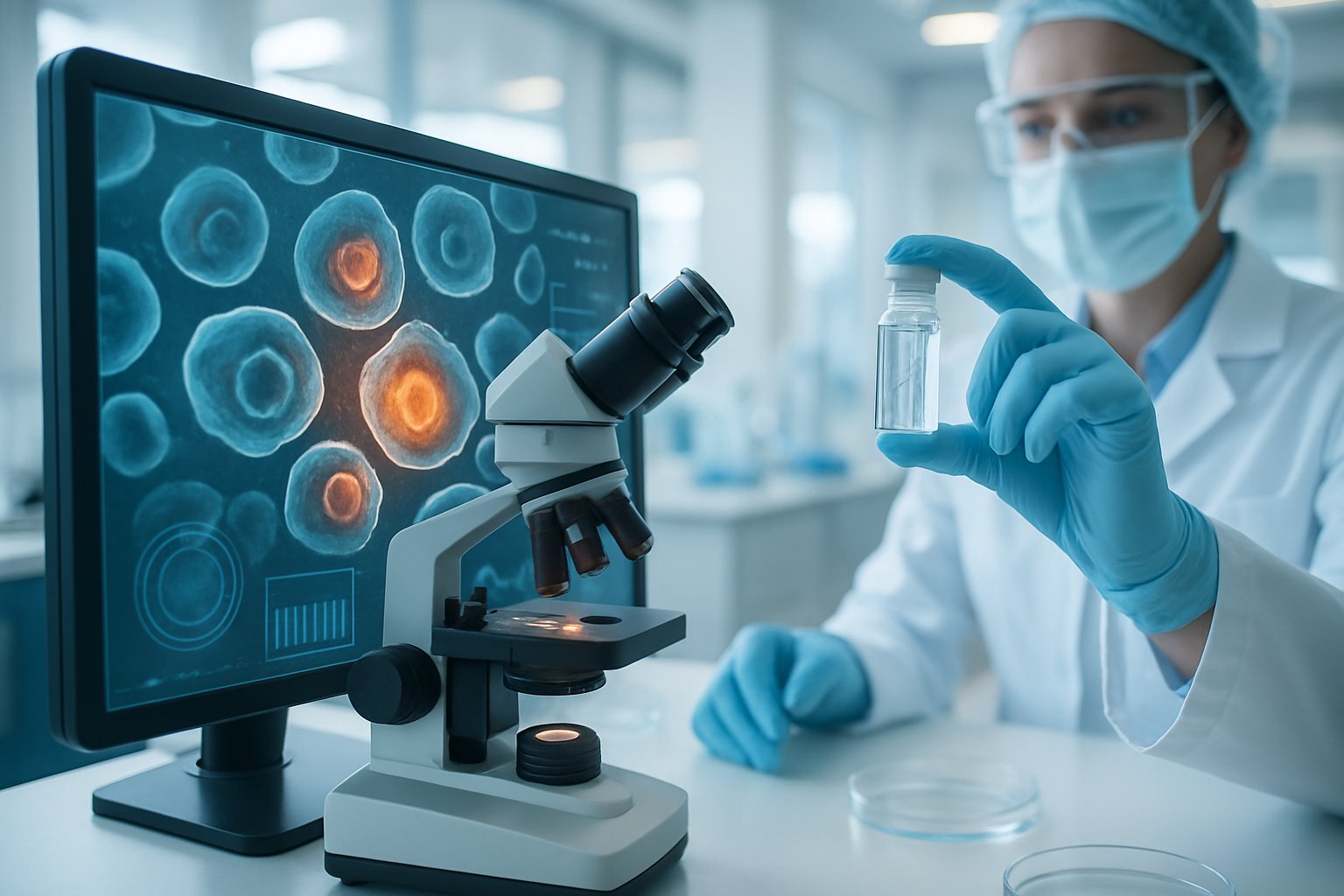 v2-12xq96-9oncj - Preventive Medicine Daily A scientist in a laboratory examining human cells under a microscope with advanced equipment and digital displays showing cellular data.