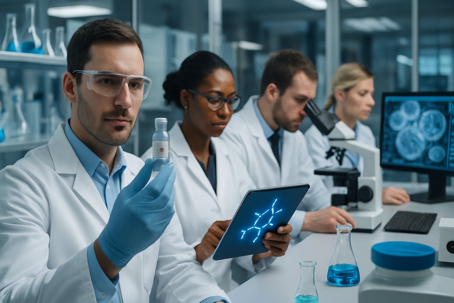 v2-12xqa0-uqu5j - Preventive Medicine Daily Scientists in a modern laboratory examining medical samples and digital displays related to cell health and aging research.