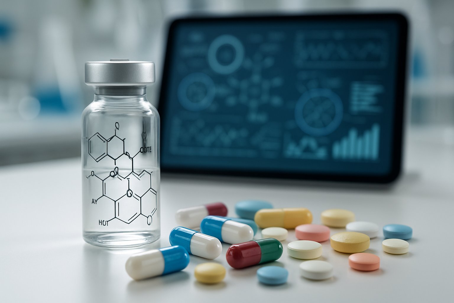 v2-12xqas-k6qxa - Preventive Medicine Daily A laboratory scene showing various capsules and tablets next to a glass vial and a digital tablet displaying biochemical diagrams.