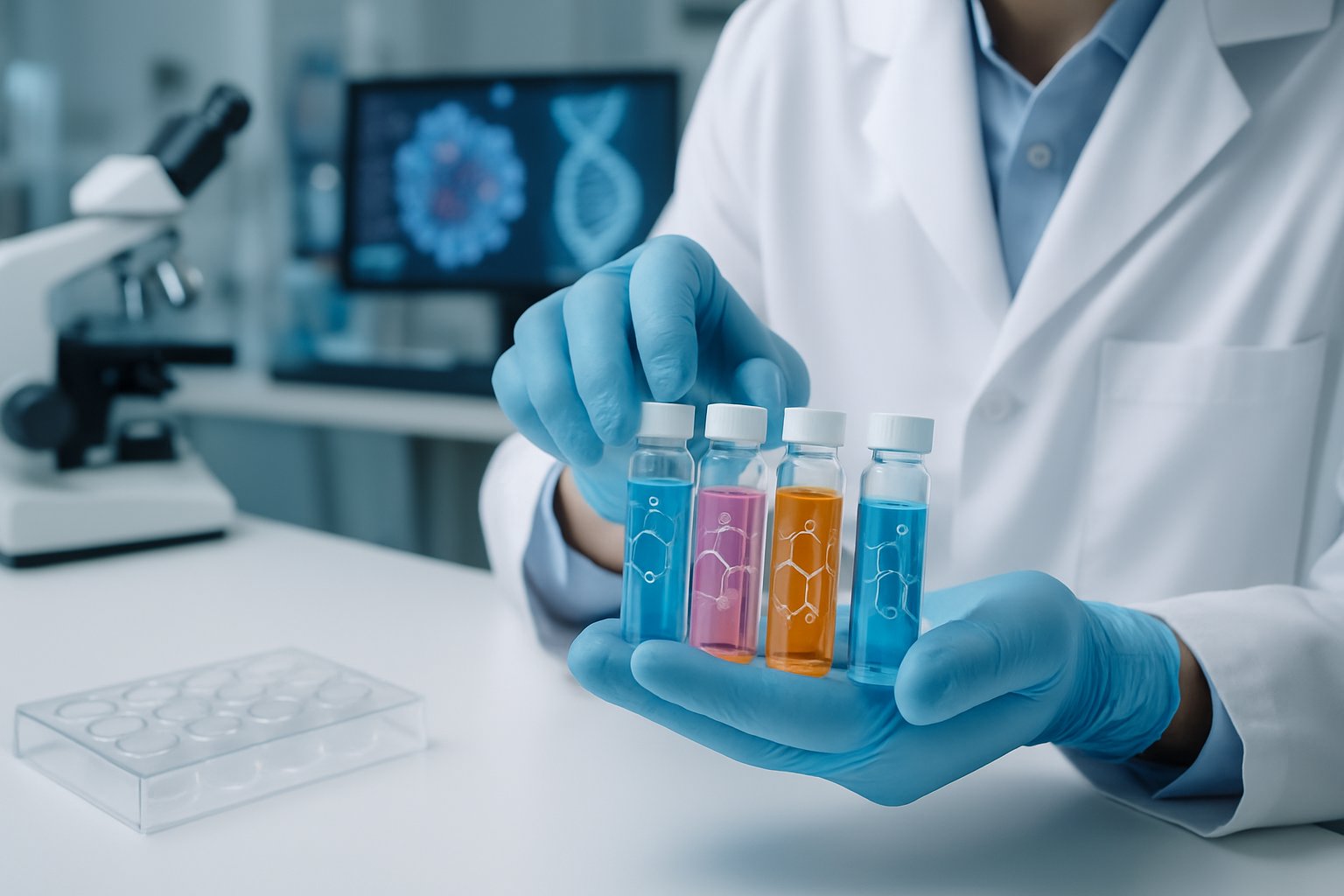v2-12xqbl-5c2oj - Preventive Medicine Daily Scientist in a laboratory handling vials with colorful liquids, surrounded by scientific equipment and computer screens showing molecular models.