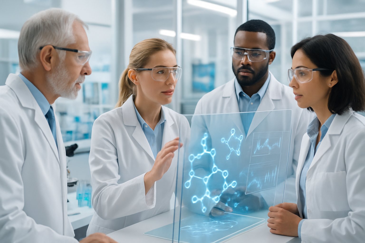 v2-12xqcd-qalxg - Preventive Medicine Daily Scientists in a modern laboratory collaborating on drug research with digital displays and advanced equipment.