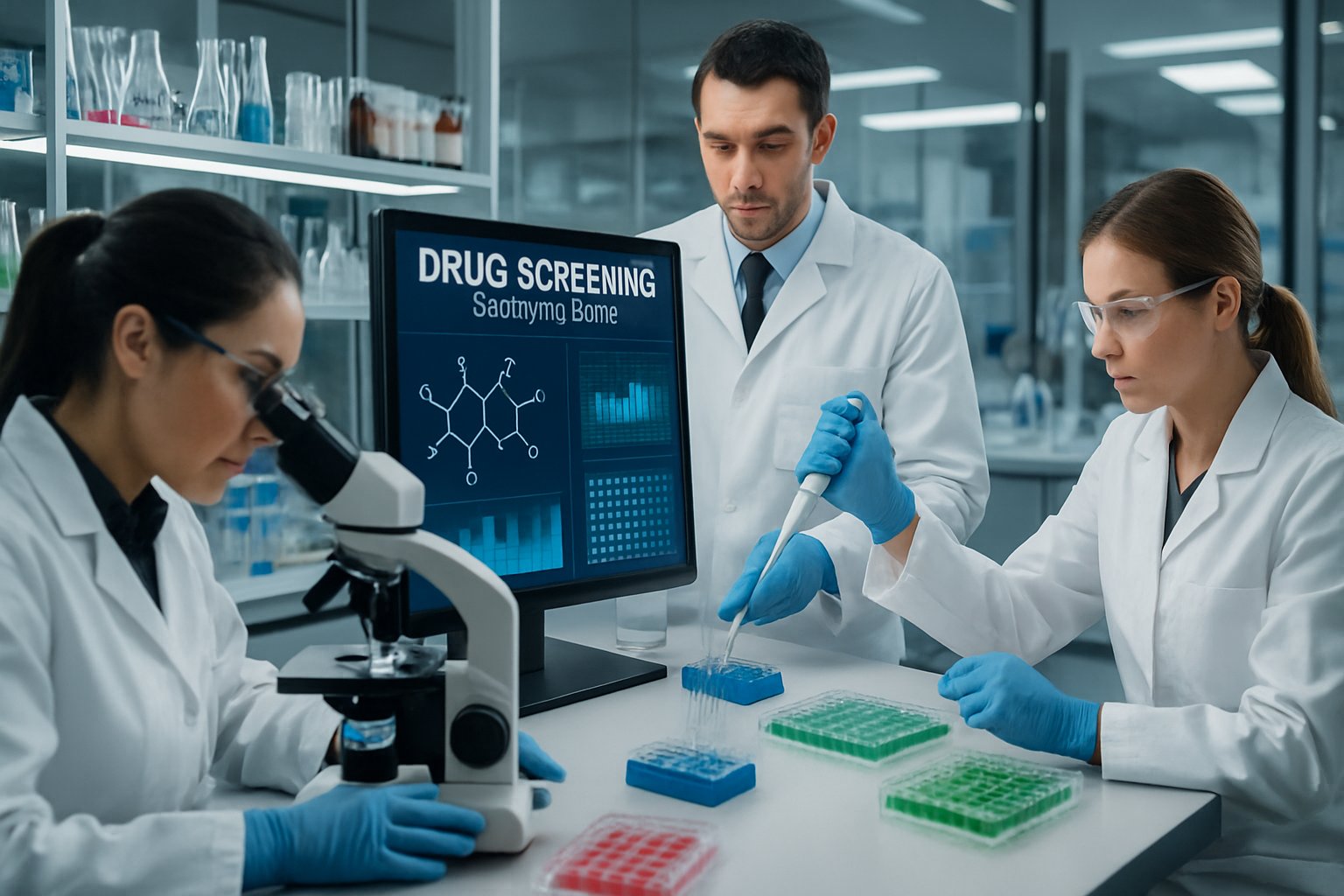 v2-12xqd6-97g8q - Preventive Medicine Daily Scientists working in a modern laboratory with advanced equipment, analyzing molecular structures and conducting drug screening experiments.