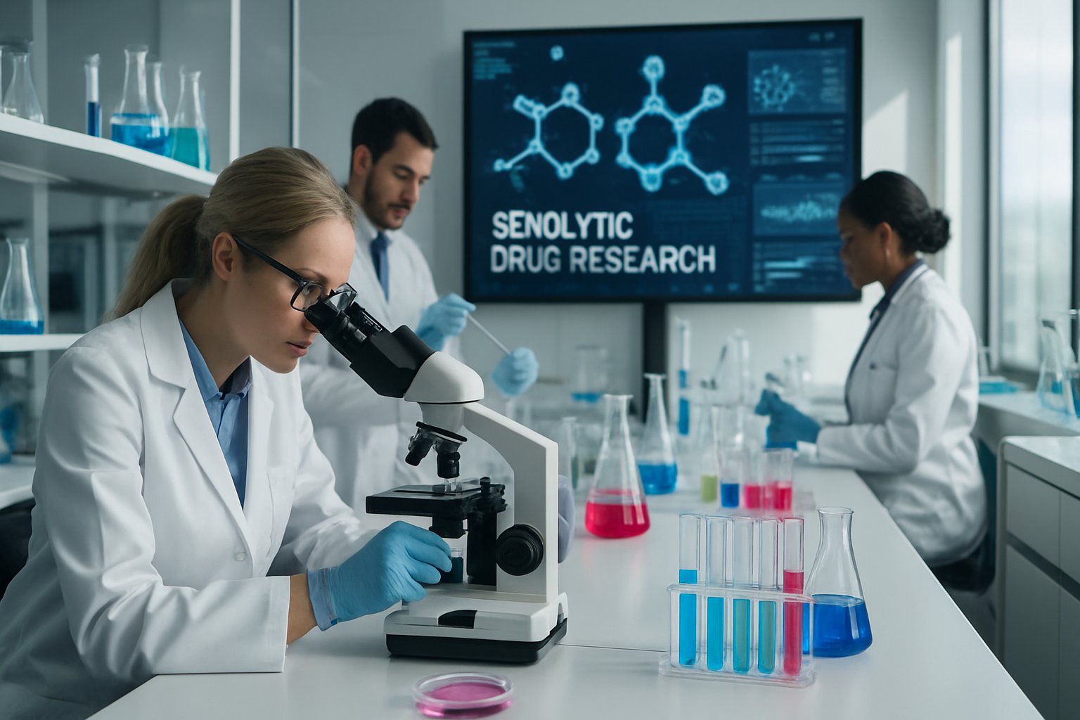 senolytics 2025 - Preventive Medicine Daily Scientists working in a bright laboratory with advanced equipment and digital screens showing molecular data.