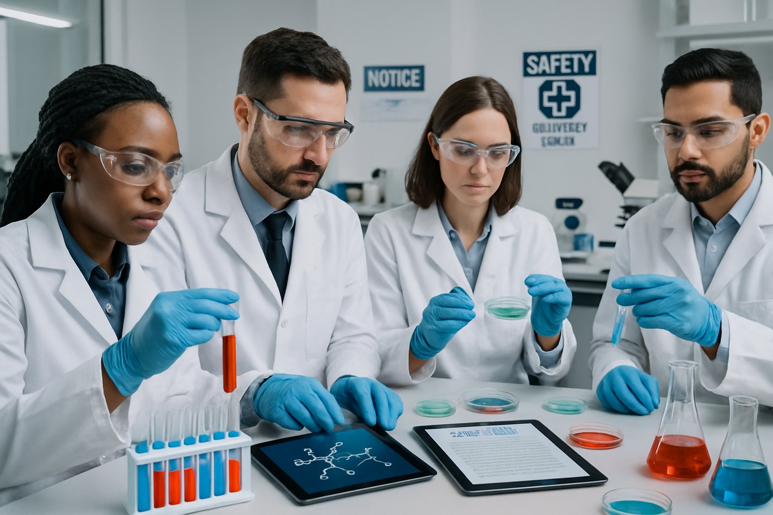 v2-12xqf1-e2olf - Preventive Medicine Daily Scientists in a laboratory working with test tubes and digital tablets, surrounded by lab equipment and safety signs.
