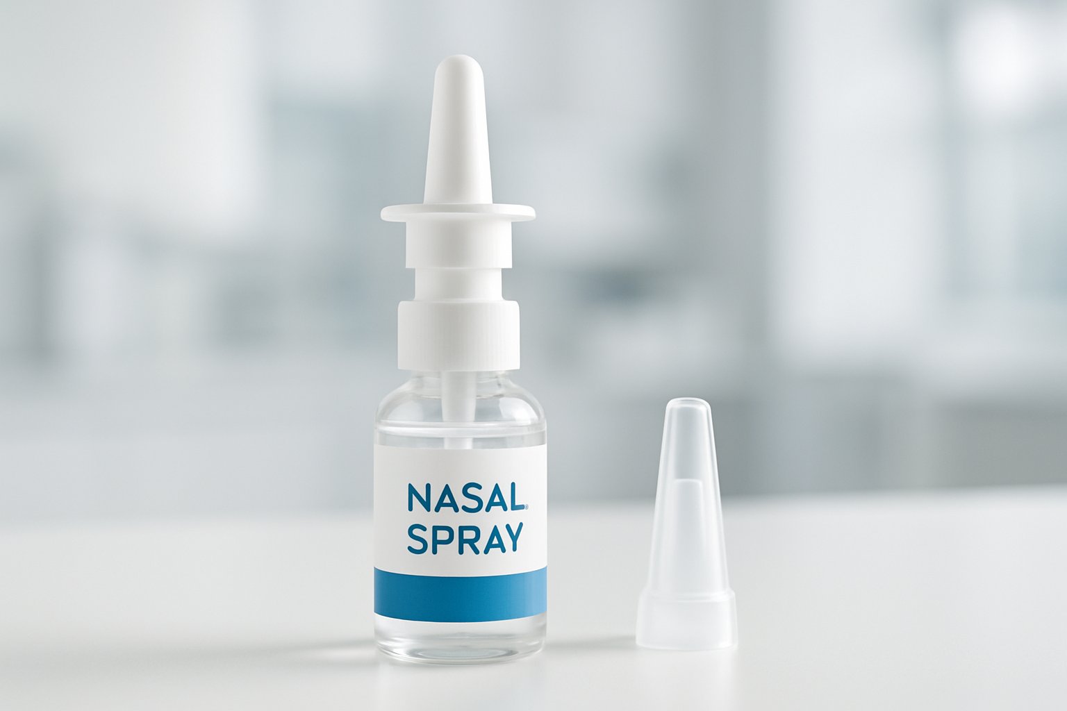 v2-12ymd1-urd0g - Preventive Medicine Daily A clear nasal spray bottle and applicator on a white surface in a clinical setting.