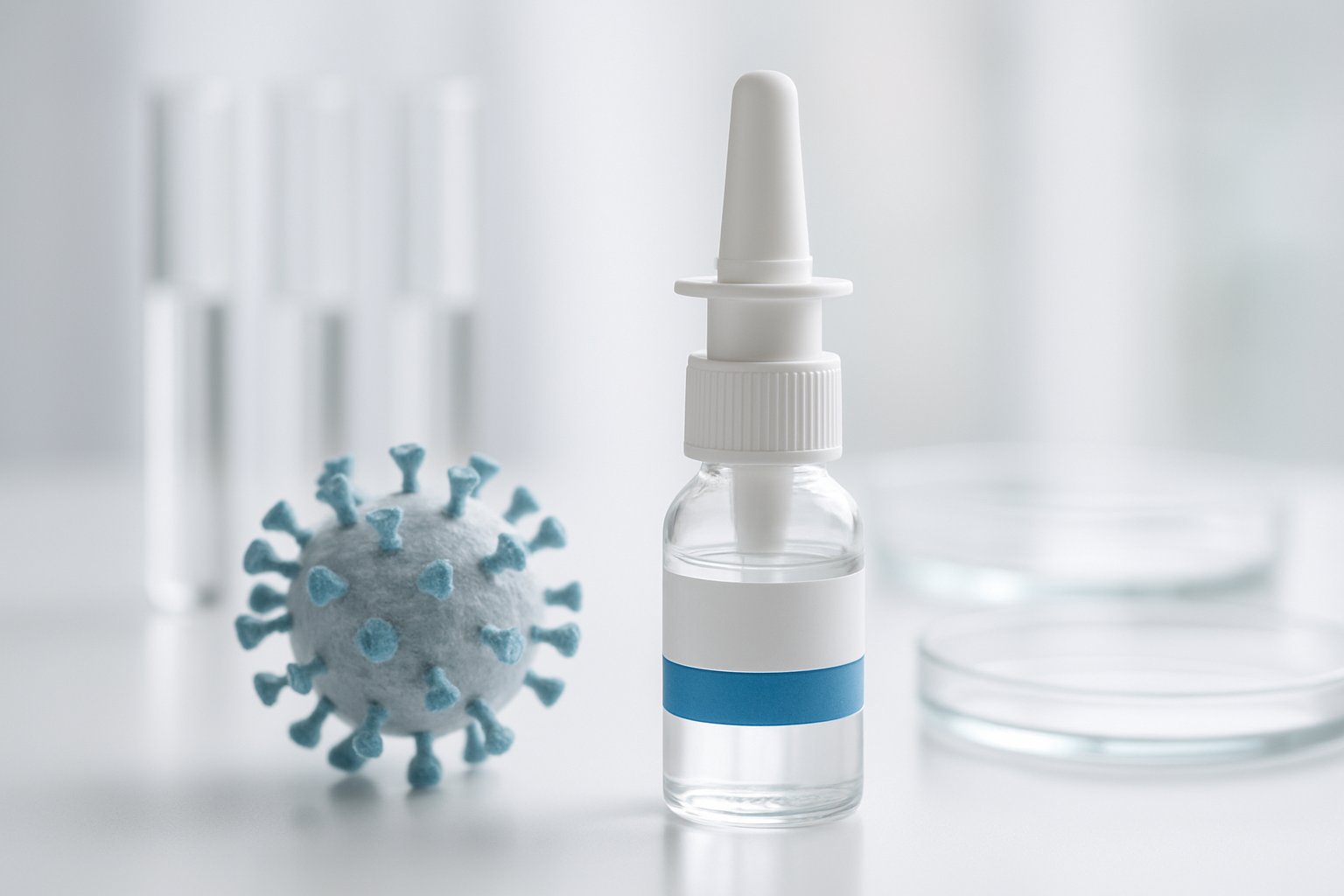 v2-12ymdt-bck4z - Preventive Medicine Daily A nasal spray bottle on a white surface with scientific models and lab glassware in the background, representing medical prevention.