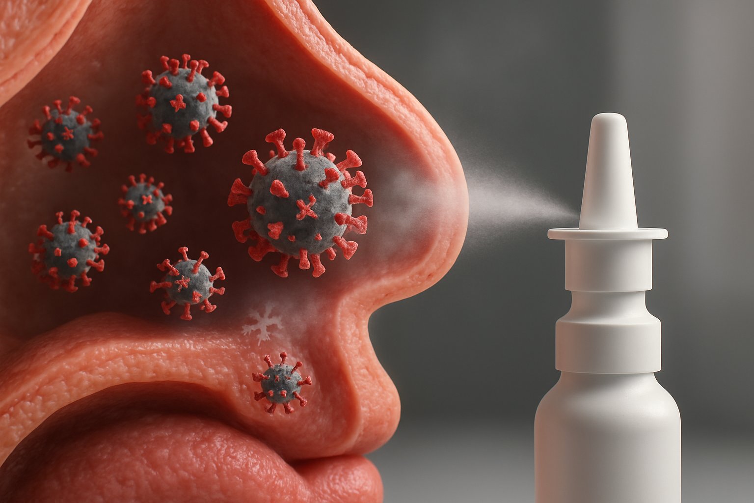 Azelastine for COVID prevention - Preventive Medicine Daily Close-up cross-sectional view of the human nasal cavity showing antiviral action with a nasal spray mist targeting virus particles.