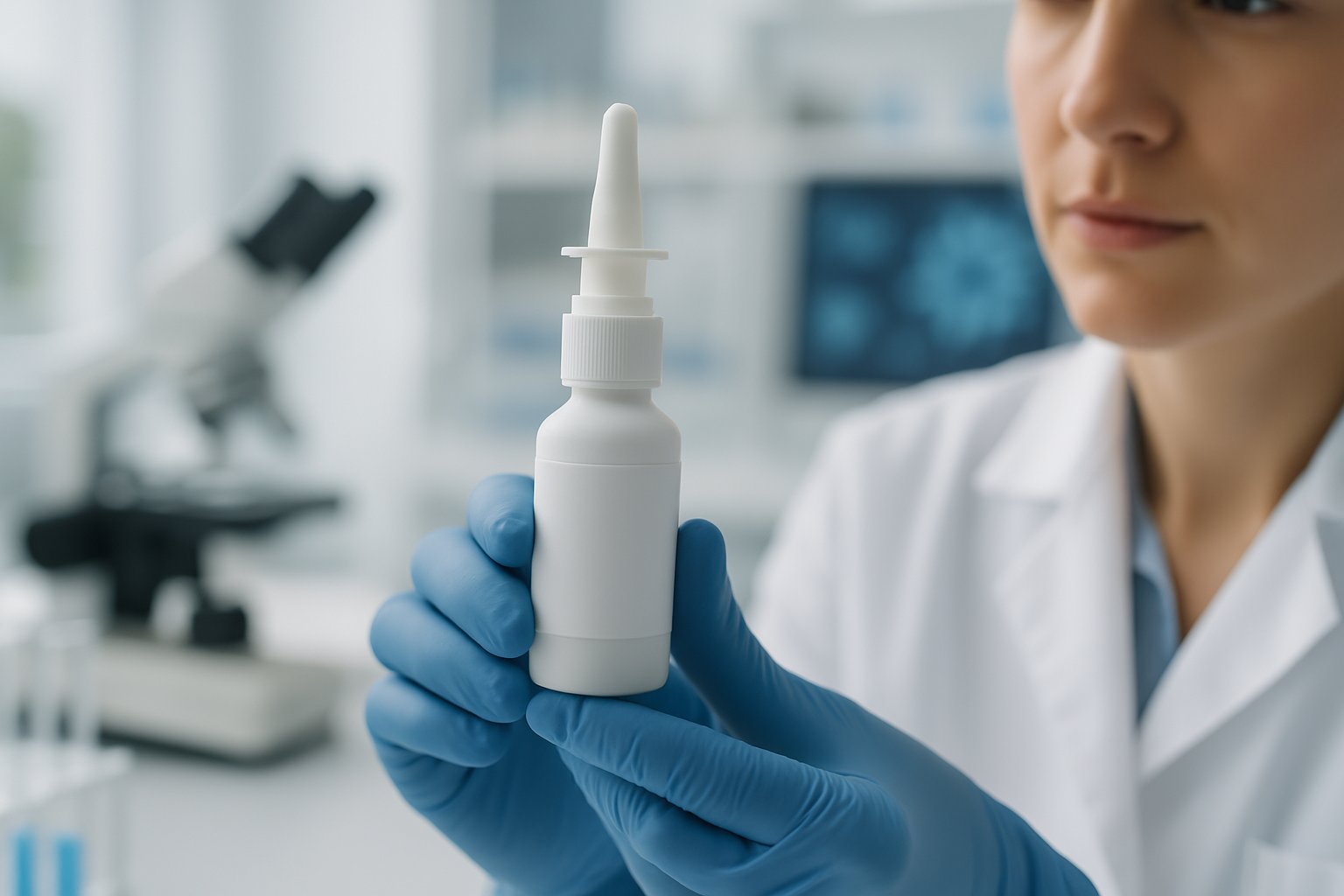 v2-12ymfi-1hh4y - Preventive Medicine Daily A healthcare professional holding a nasal spray bottle in a modern laboratory setting focused on virus prevention.