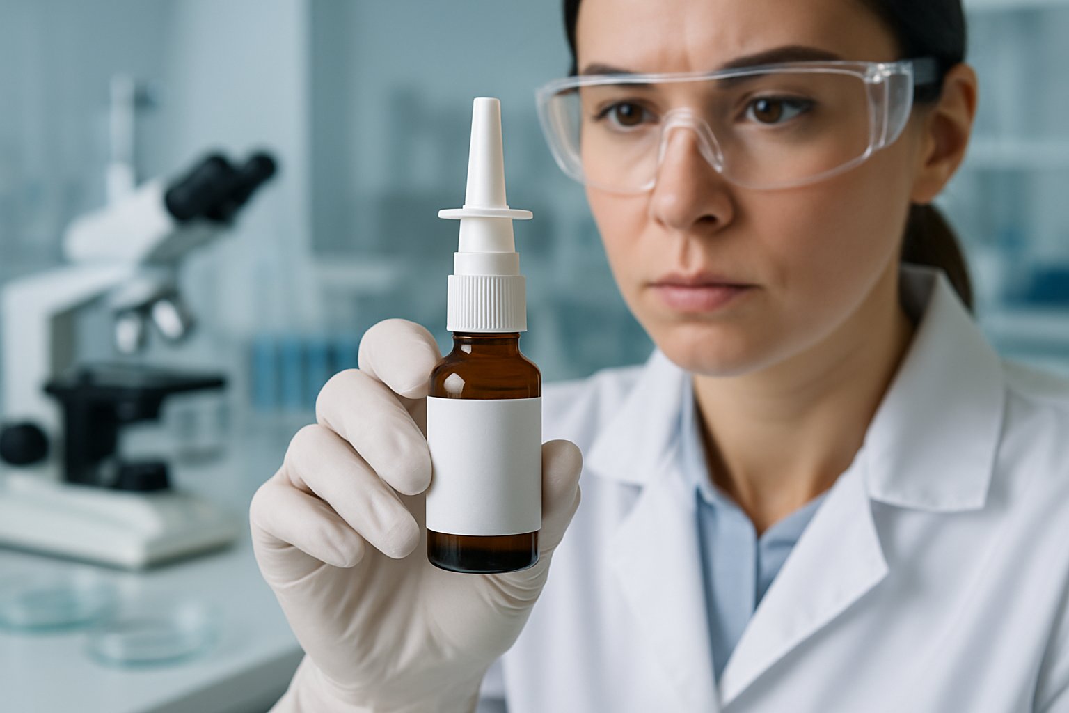 v2-12ymgc-c4wz4 - Preventive Medicine Daily A healthcare professional in a lab coat holding a nasal spray bottle in a laboratory setting with scientific equipment in the background.