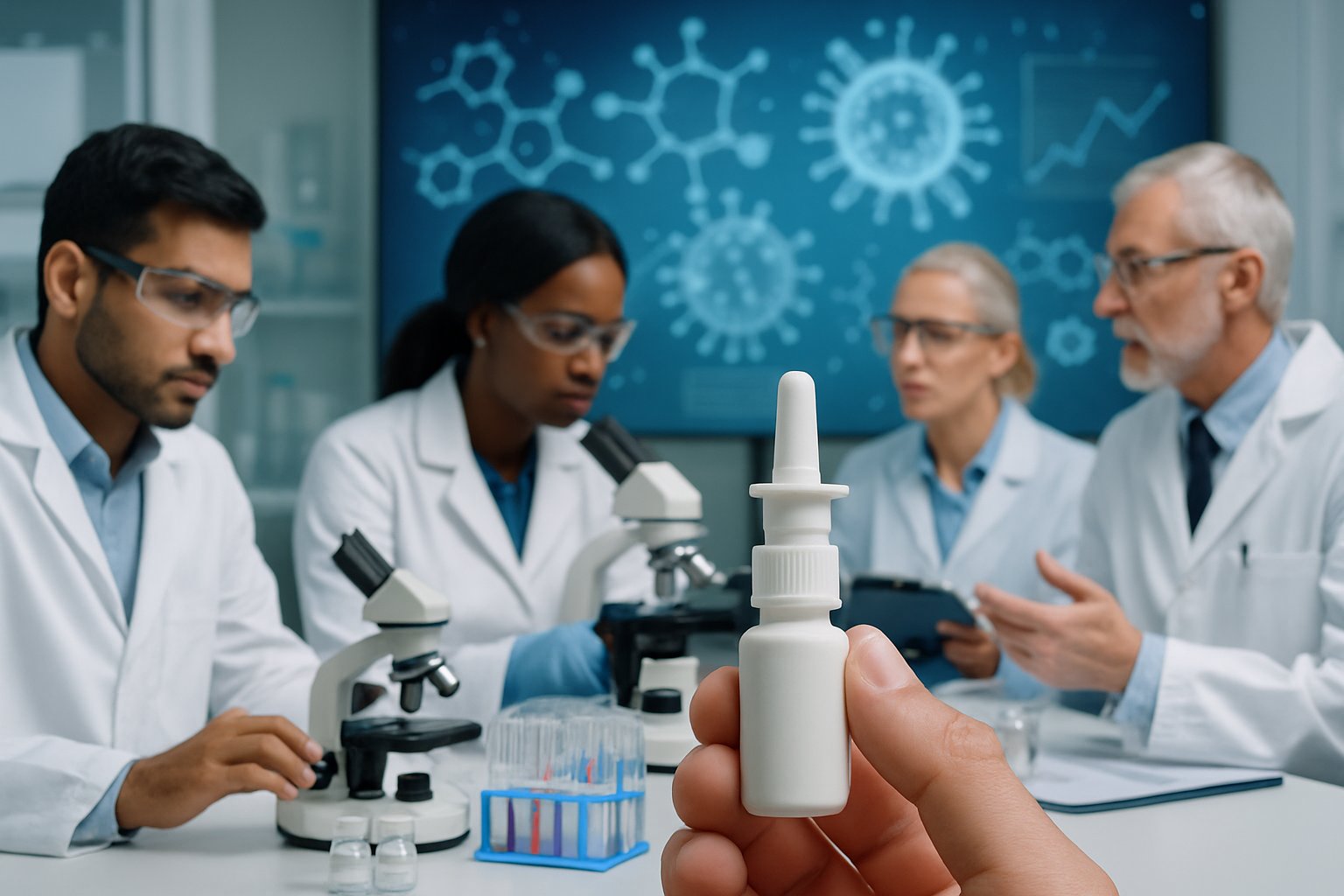 v2-12ymh2-p75z9 - Preventive Medicine Daily Researchers in a laboratory examining samples and data, with a nasal spray bottle and scientific equipment visible, representing clinical trial testing for infection prevention.