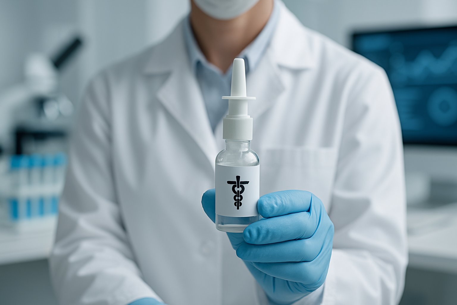 v2-12ymhx-s88cx - Preventive Medicine Daily A healthcare professional in a lab coat holding a nasal spray bottle in a laboratory setting with blurred scientific equipment in the background.