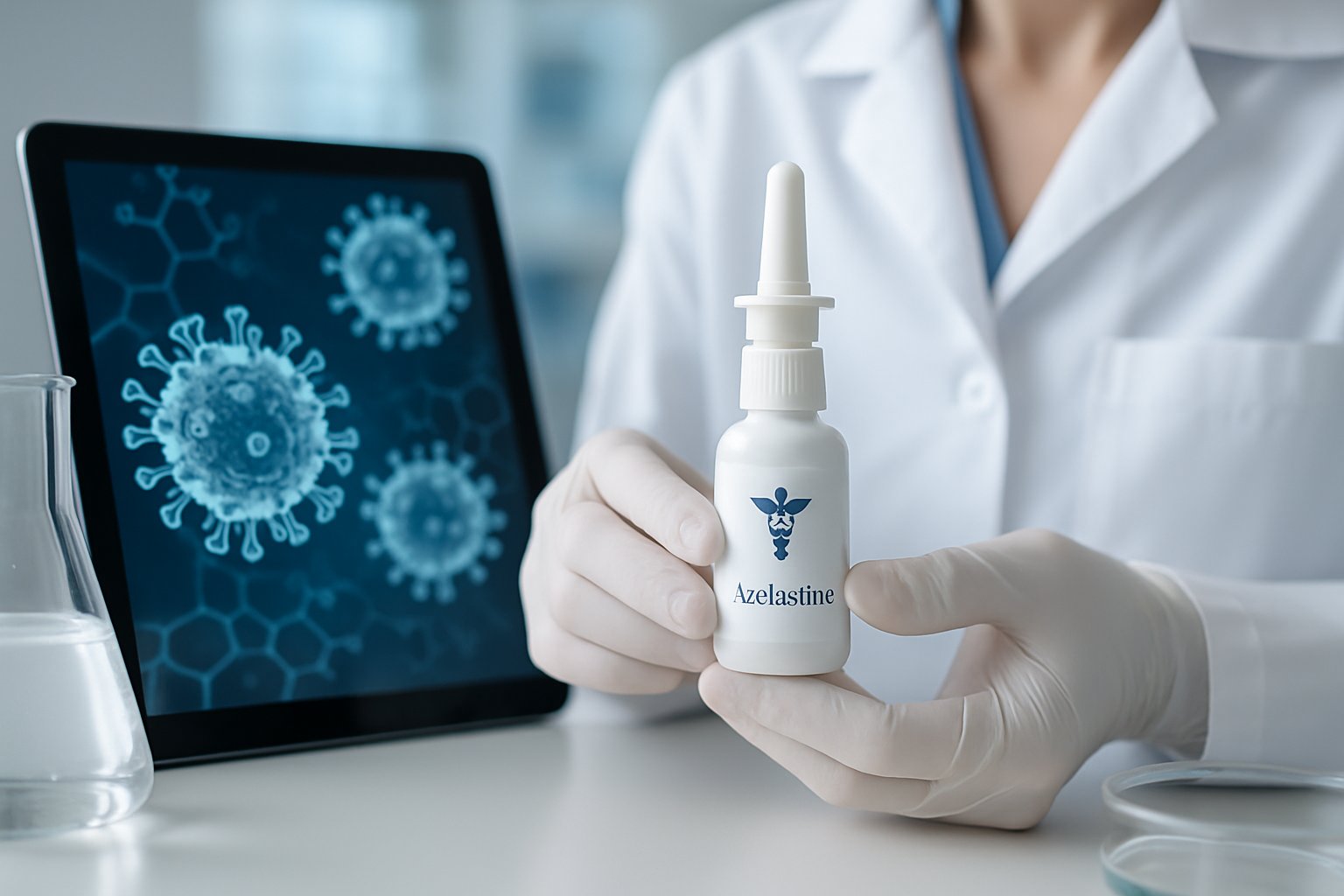 v2-12ymip-r09pe - Preventive Medicine Daily Healthcare professional holding a nasal spray bottle in a modern laboratory with scientific equipment in the background.
