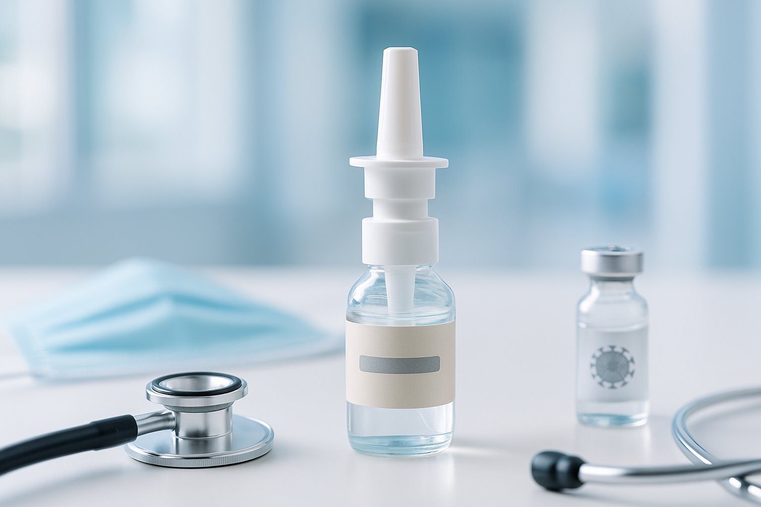 v2-12ymjp-9a7ik - Preventive Medicine Daily A nasal spray bottle on a white surface surrounded by medical items like a stethoscope, face mask, and a small vial, set in a clean clinical environment.