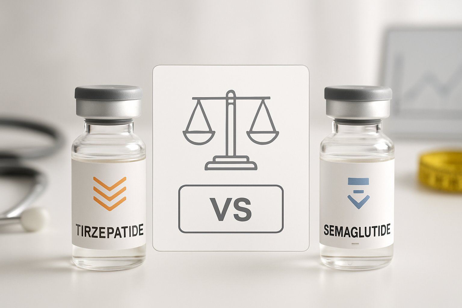 v2-12yo66-688ez - Preventive Medicine Daily Two medicine bottles placed opposite each other on a white surface with a balanced scale between them, symbolizing a comparison of weight loss drugs.