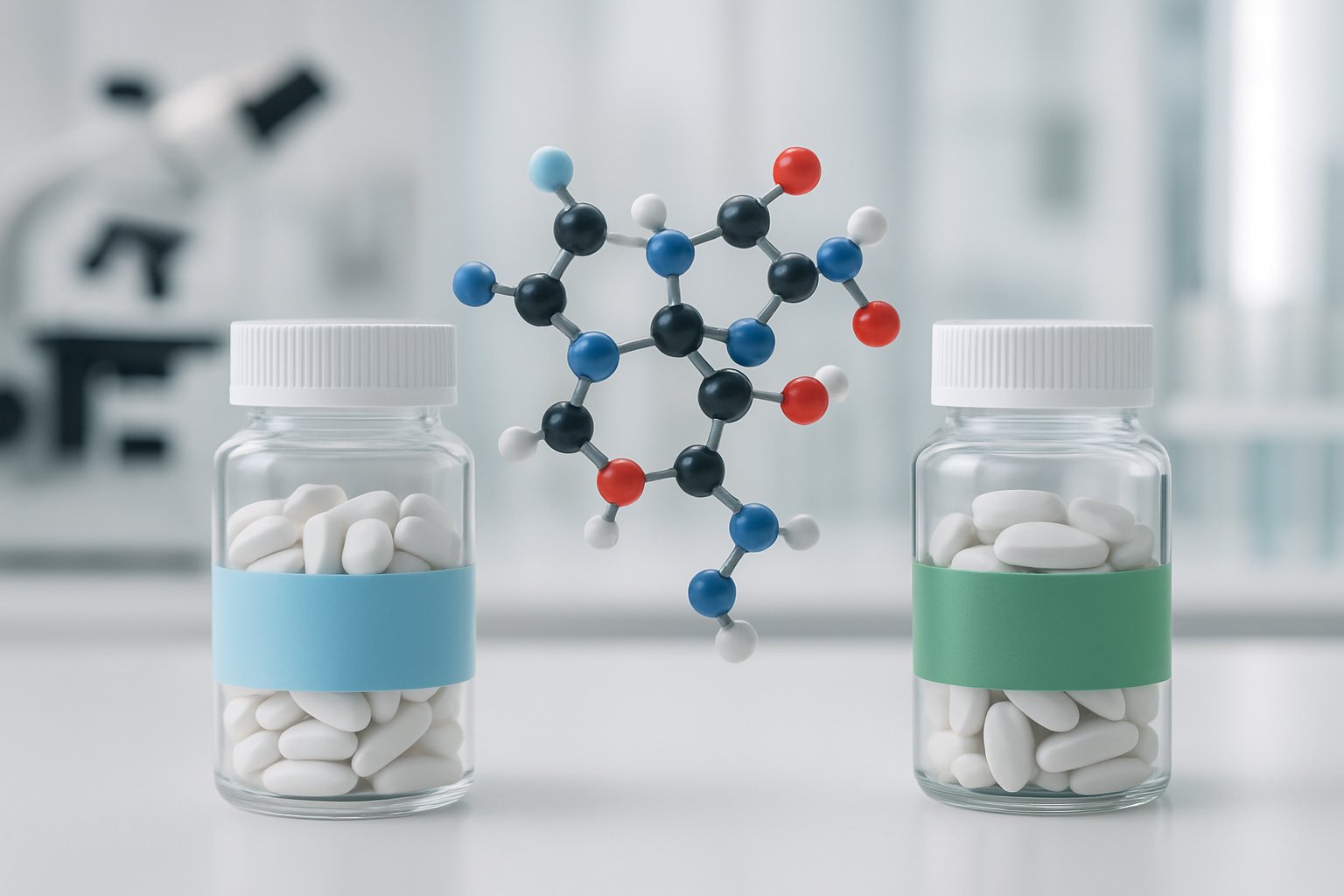 v2-12yo75-607h3 - Preventive Medicine Daily Two pill bottles and a floating molecular model in a laboratory setting representing weight loss drugs Tirzepatide and Semaglutide.