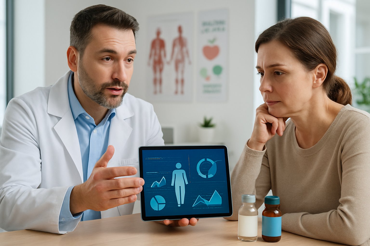v2-12yo83-2p80k - Preventive Medicine Daily A doctor consulting with a patient in a bright clinic, discussing weight loss treatment options with medicine bottles on the table.
