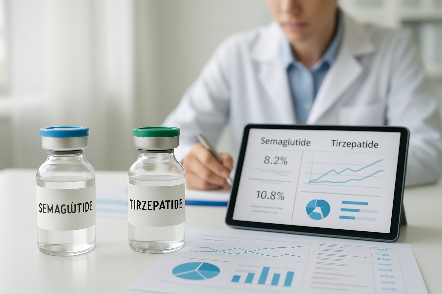 v2-12yo8z-nf8uf - Preventive Medicine Daily Two medicine bottles on a white table with medical charts and a healthcare professional reviewing data in a bright medical office.
