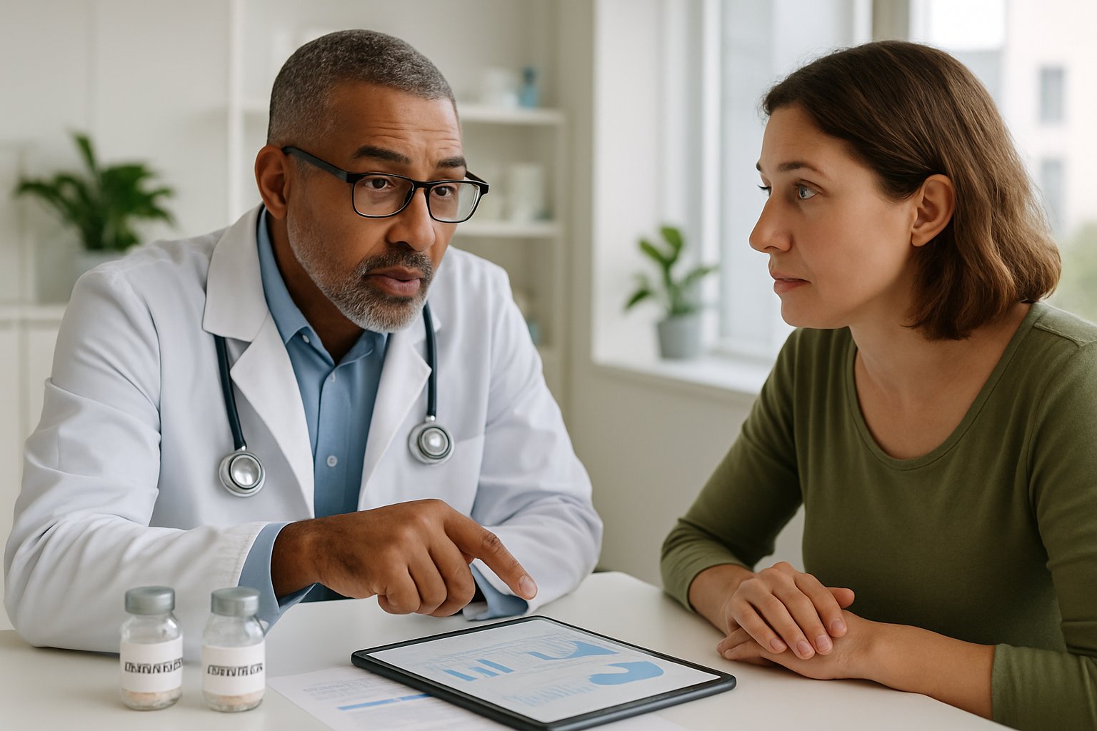 v2-12yo9x-z730a - Preventive Medicine Daily A doctor and patient discuss weight loss medications in a bright medical office with medication bottles and charts on the desk.