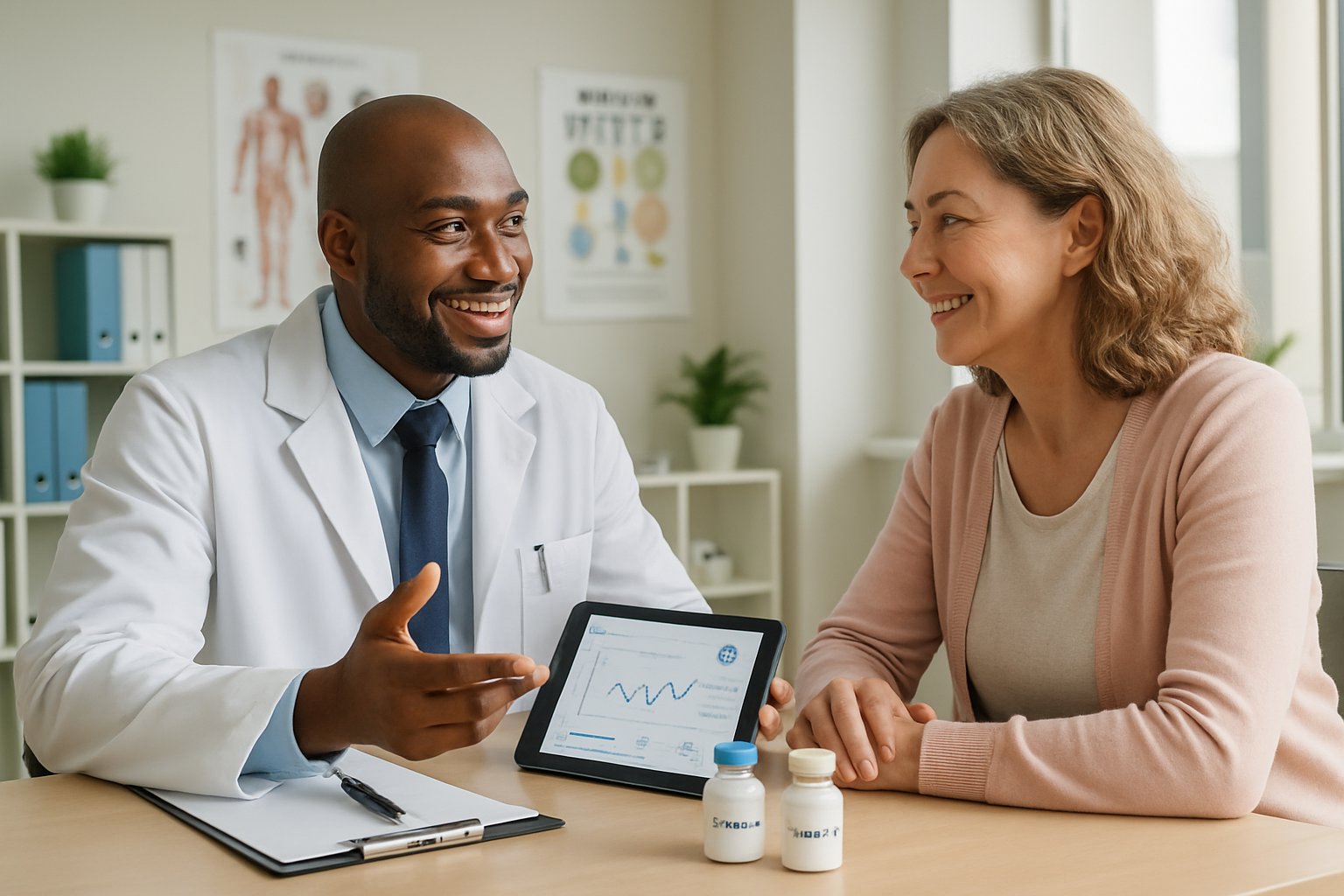 v2-12yoap-ux7wp - Preventive Medicine Daily A doctor and a woman patient having a friendly consultation in a bright medical office with medicine bottles on the desk.