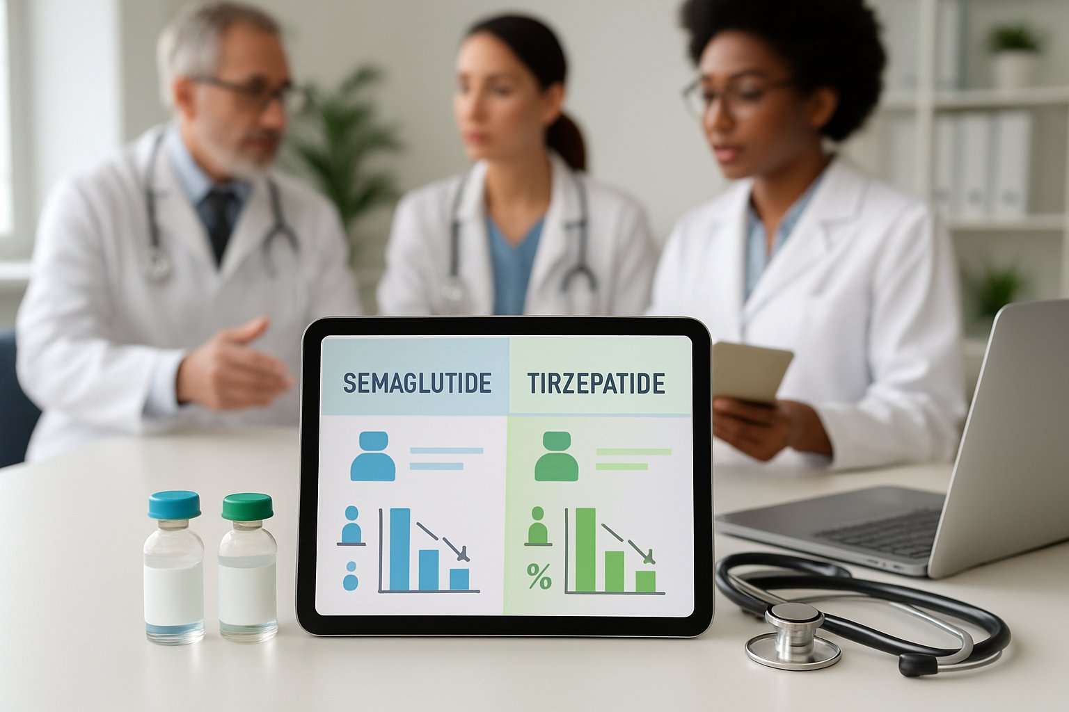 semaglutide vs tirzepatide for weight loss - Preventive Medicine Daily A doctor and pharmacist discussing weight loss medications with medicine bottles and a tablet showing comparison charts on a desk in a bright medical office.