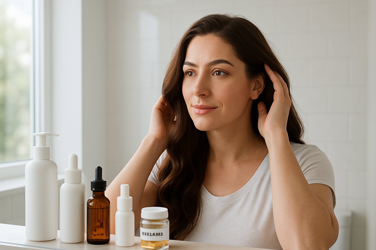 v2-12ypac-q7gru - Preventive Medicine Daily A woman with healthy hair looking at herself in a bathroom mirror with hair care products on the counter.