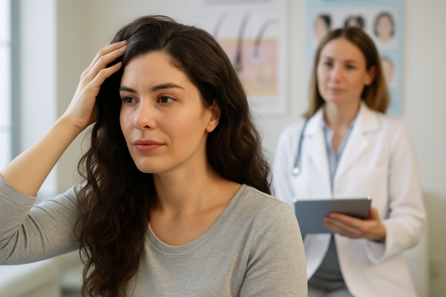 v2-12ypaz-ie2hf - Preventive Medicine Daily A woman with healthy hair touching her scalp while a female doctor explains hair loss treatment options in a bright clinic.