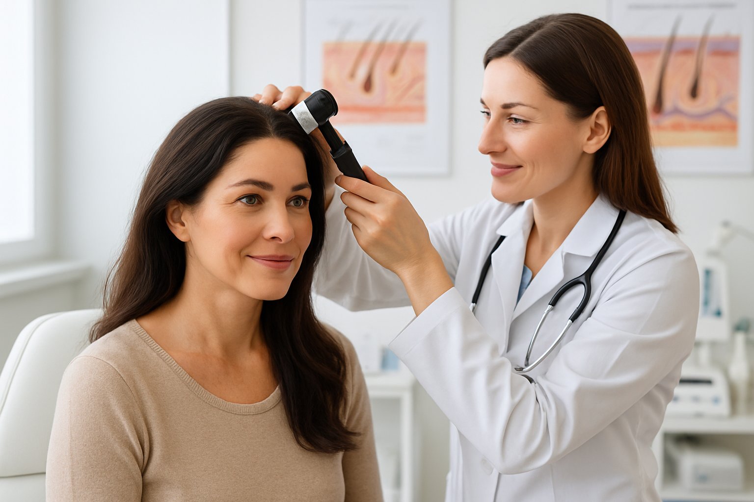 v2-12ypc0-4s49p - Preventive Medicine Daily A woman consulting with a dermatologist who is examining her scalp in a modern clinic.