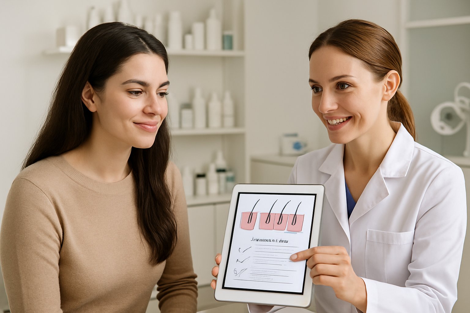v2-12ypcp-fo9k2 - Preventive Medicine Daily A woman consulting with a female doctor in a medical clinic about hair loss prevention treatments.