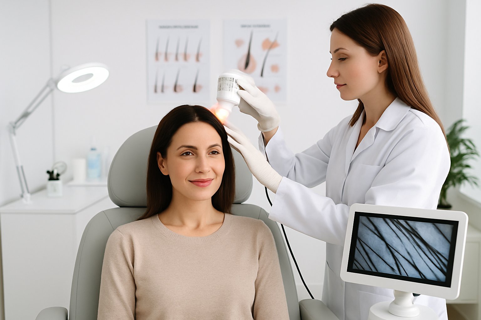 v2-12ypdp-oc97y - Preventive Medicine Daily A female patient receiving a hair loss treatment from a female doctor in a modern medical clinic.