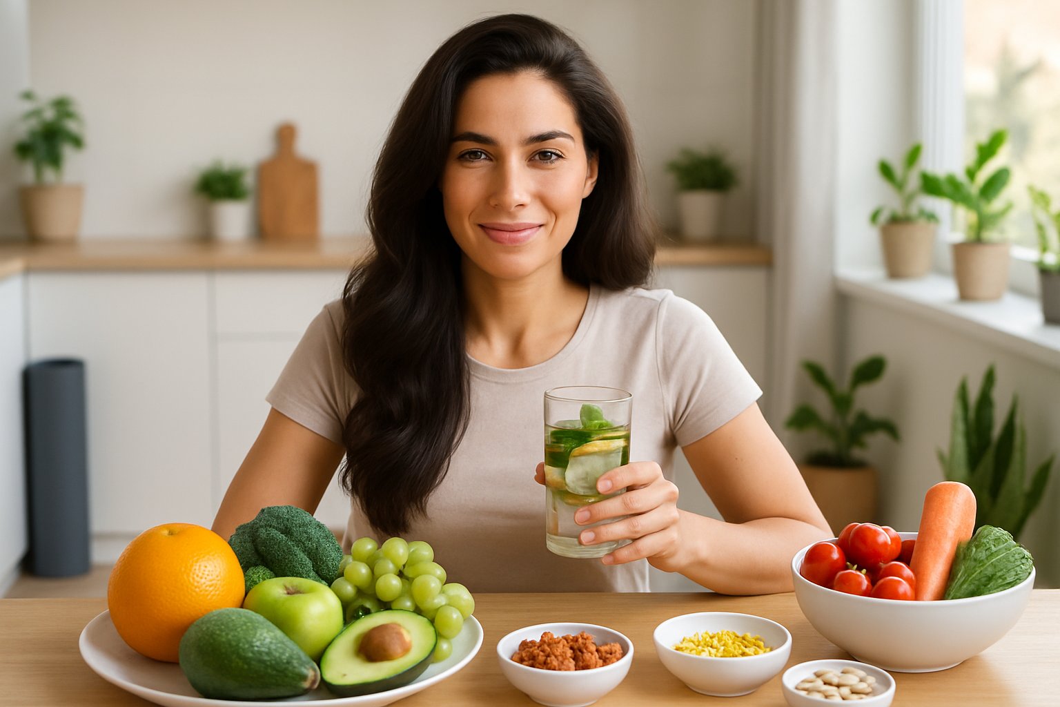 v2-12ypek-0ox54 - Preventive Medicine Daily A woman with thick hair sitting at a kitchen table with fresh fruits, vegetables, and supplements, smiling and holding a glass of infused water.