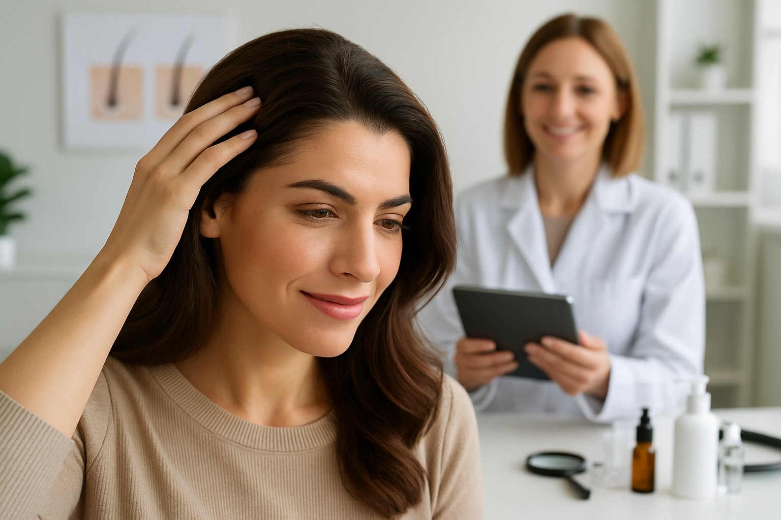 hair loss in women - Preventive Medicine Daily A woman with healthy hair touching her scalp while a female doctor explains hair loss treatments in a clinic.
