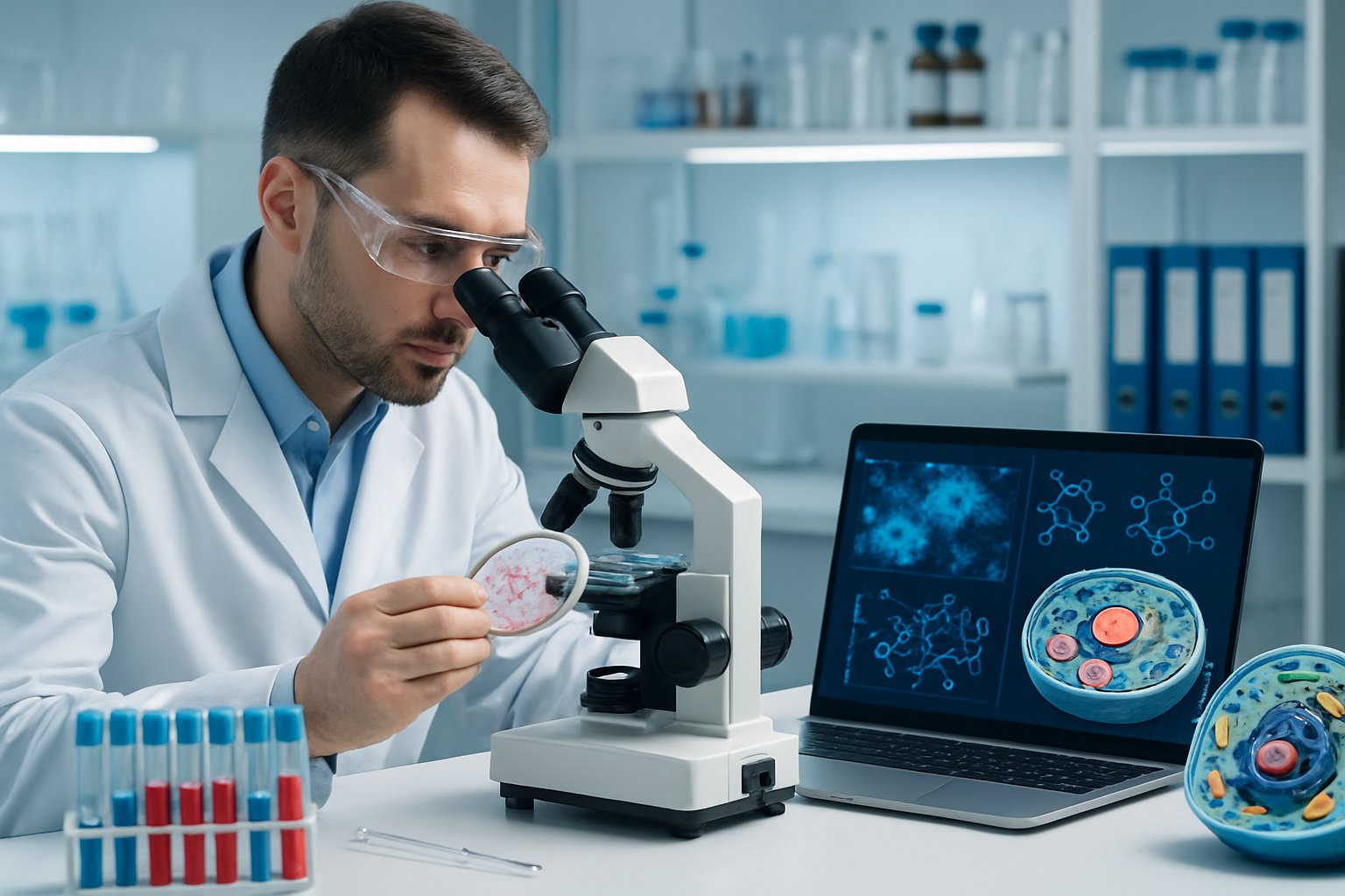 senolytic therapies - Preventive Medicine Daily Scientist in a laboratory examining cells under a microscope with scientific equipment and cell models nearby.