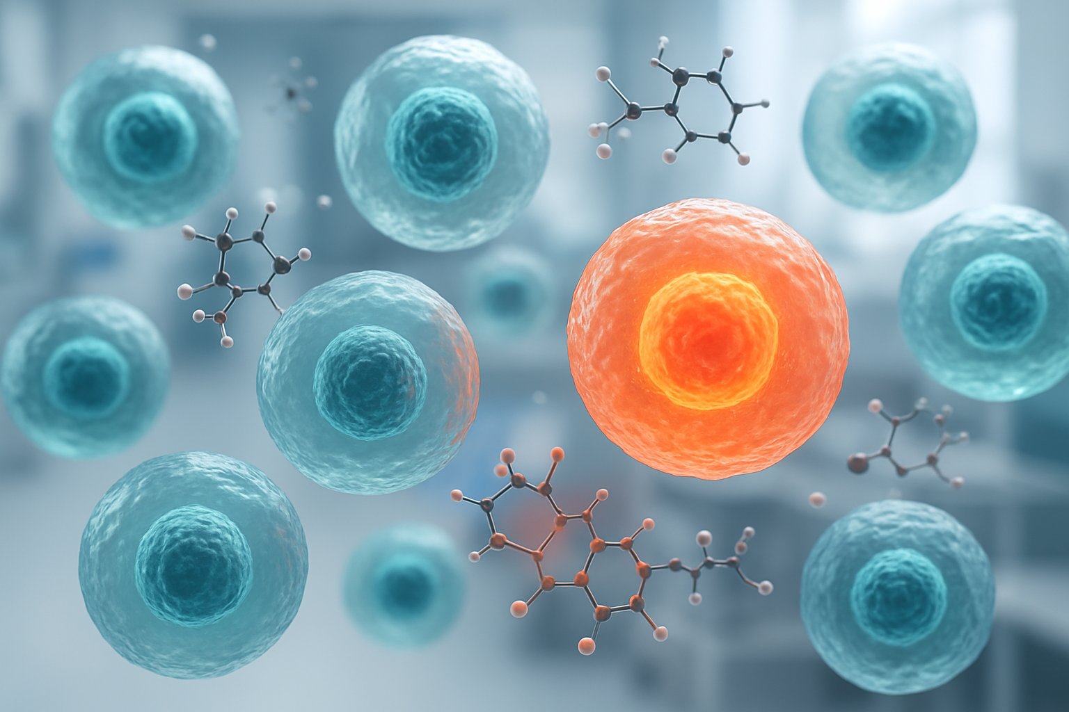 v2-12yyh1-lmusm - Preventive Medicine Daily Close-up view of human cells with some cells highlighted to show aging cells being targeted by molecules in a laboratory setting.
