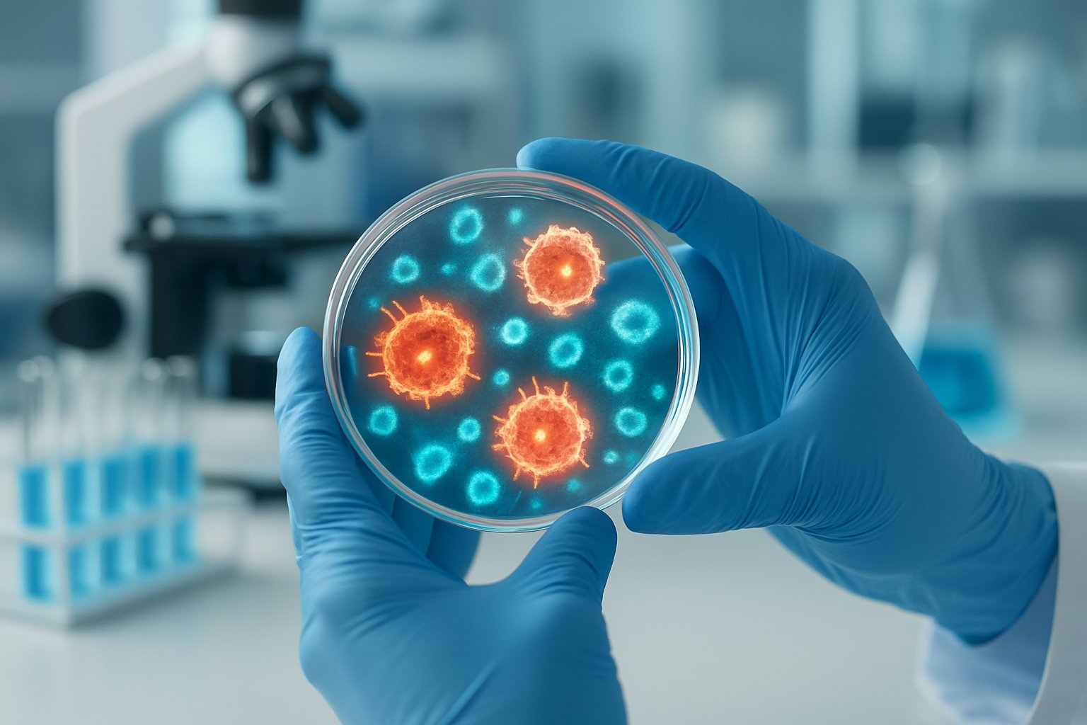 v2-12yyhw-2rybi - Preventive Medicine Daily Scientist's hands holding a petri dish with glowing cells in a laboratory setting.