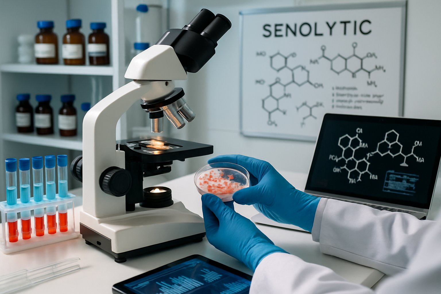 v2-12yyiv-e8cp6 - Preventive Medicine Daily Scientist in a laboratory examining cells under a microscope with scientific equipment and data displays nearby.