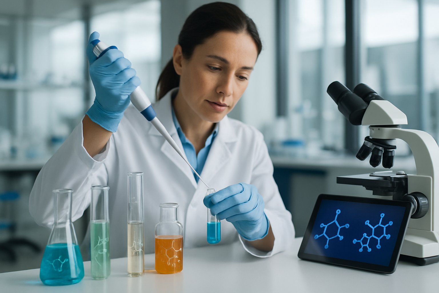 v2-12yyjr-43b9p - Preventive Medicine Daily A scientist in a lab coat working with test tubes and scientific equipment in a laboratory focused on anti-aging research.
