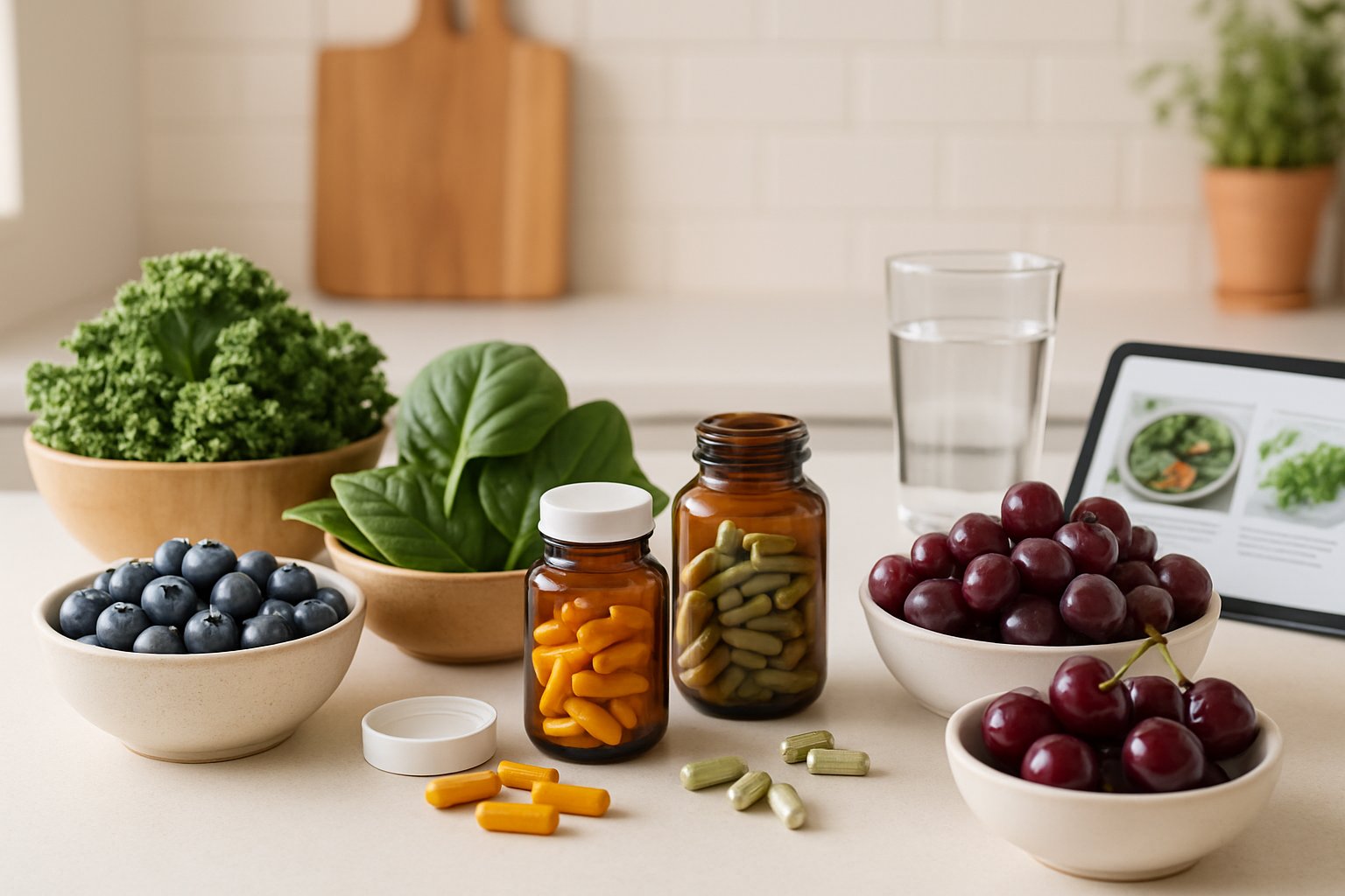 v2-12yykt-jz03h - Preventive Medicine Daily A kitchen countertop with fresh fruits, leafy greens, herbal supplements, a glass of water, and an open book, representing natural dietary approaches for health.