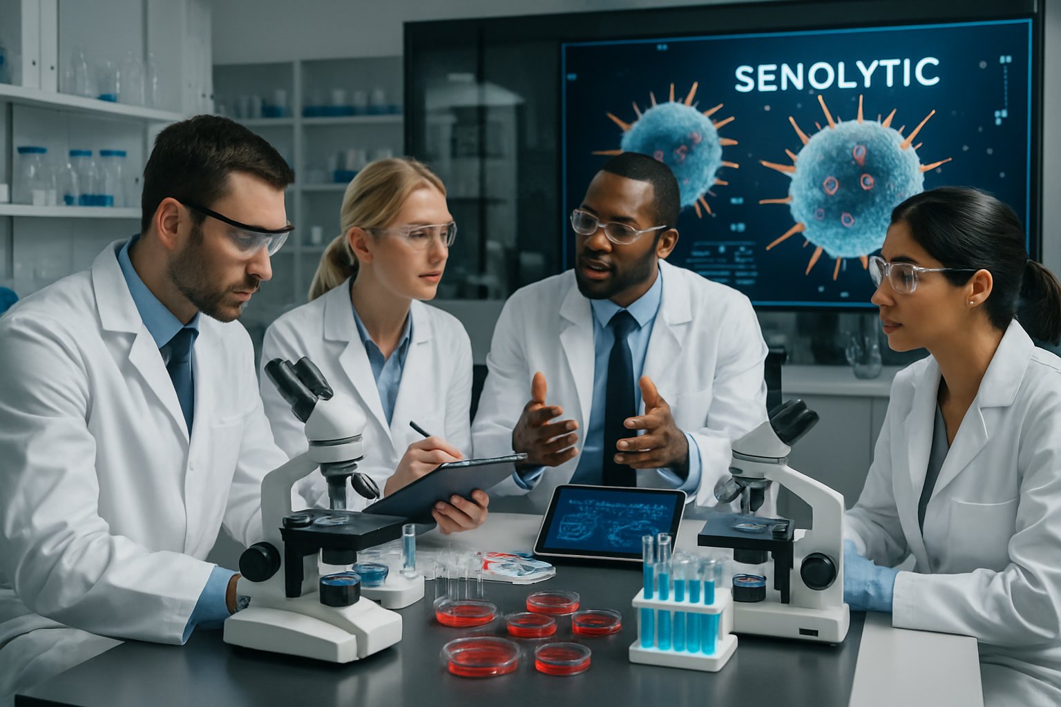 v2-12yylq-kwqol - Preventive Medicine Daily Scientists in a laboratory collaborating around equipment and digital displays related to cellular research.