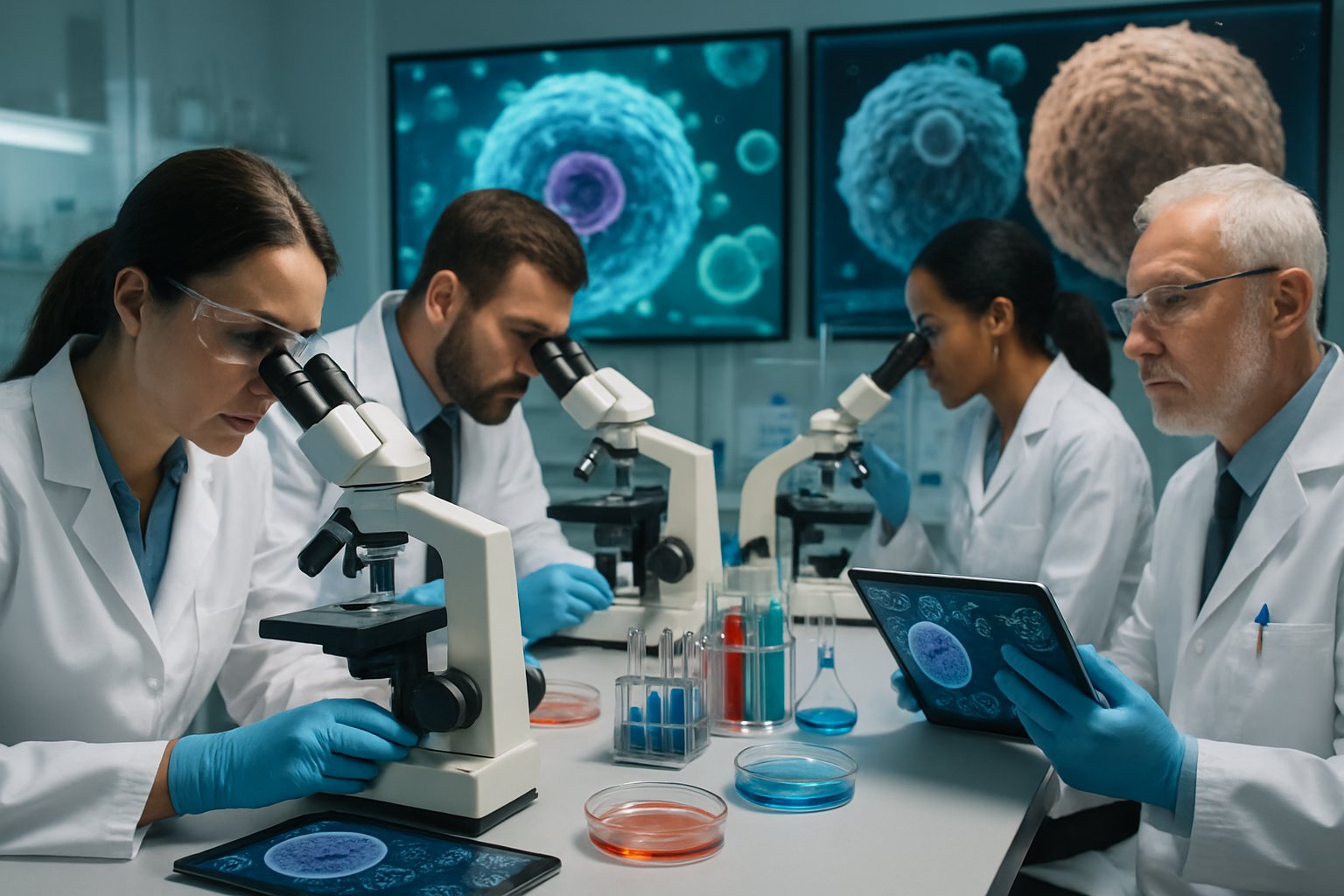 v2-12yyns-cnbuy - Preventive Medicine Daily Scientists in a laboratory examining cellular samples and molecular models on screens, focused on cellular health research.