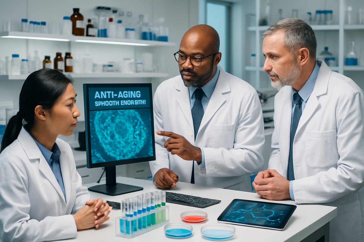 v2-12yyom-oviib - Preventive Medicine Daily Scientists in a laboratory examining data and chemical samples related to anti-aging research.