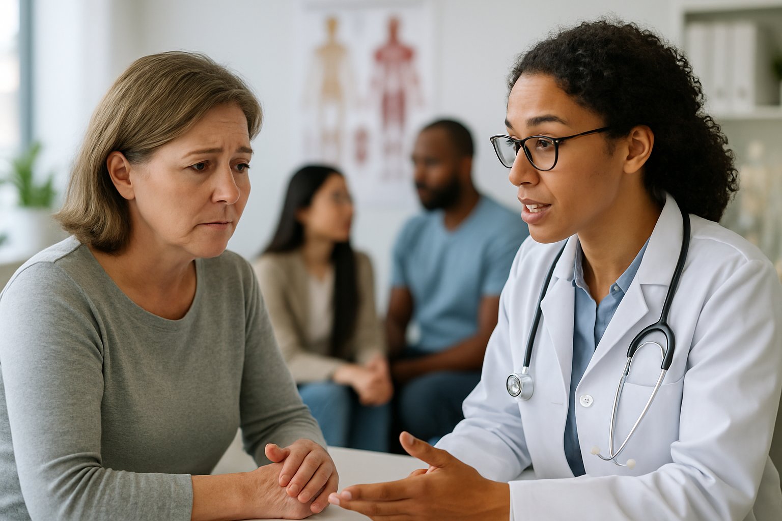 v2-12yza9-9oigg - Preventive Medicine Daily A doctor speaking with a concerned woman in a medical office while other patients wait in the background.