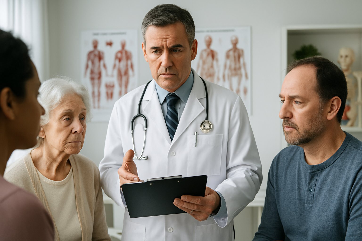 v2-12yzb5-ca4zm - Preventive Medicine Daily A doctor discussing medication risks with a group of adult patients in a medical office.